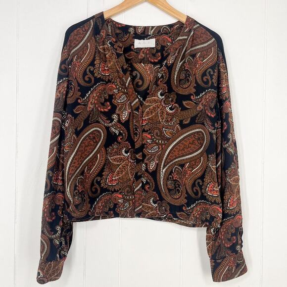 A.L.C. Racci Print Silk Blouse Sheer Long Sleeve Paisley Size Medium Brown Black - Picture 16 of 16